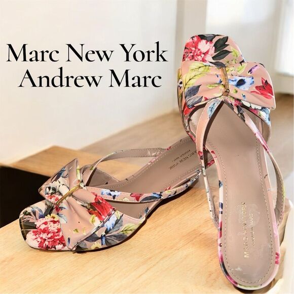 Marc New York Vossler Women's Floral Bow Gold Kitten Heel Vegan Slide Sandals - Picture 1 of 9